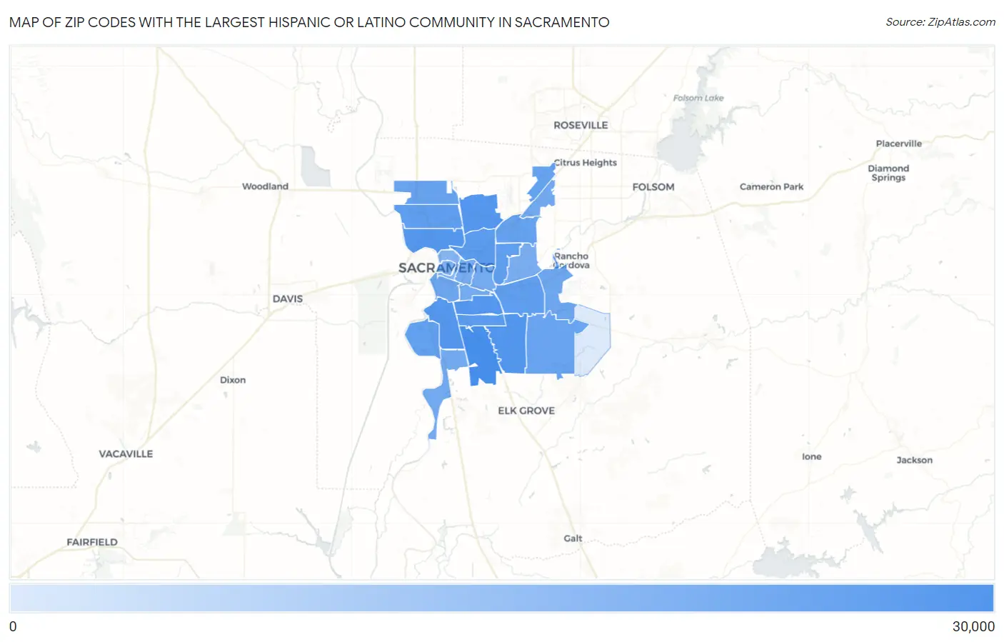 Zip Codes with the Largest Hispanic or Latino Community in Sacramento Map