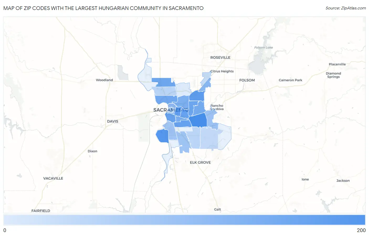 Zip Codes with the Largest Hungarian Community in Sacramento Map