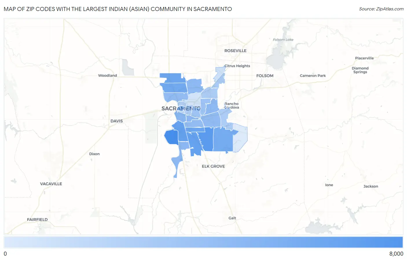 Zip Codes with the Largest Indian (Asian) Community in Sacramento Map