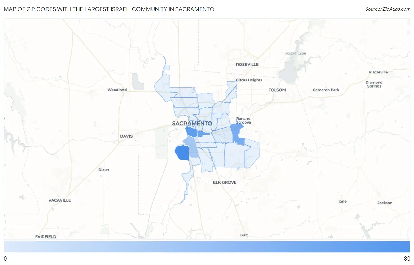 Zip Codes with the Largest Israeli Community in Sacramento Map