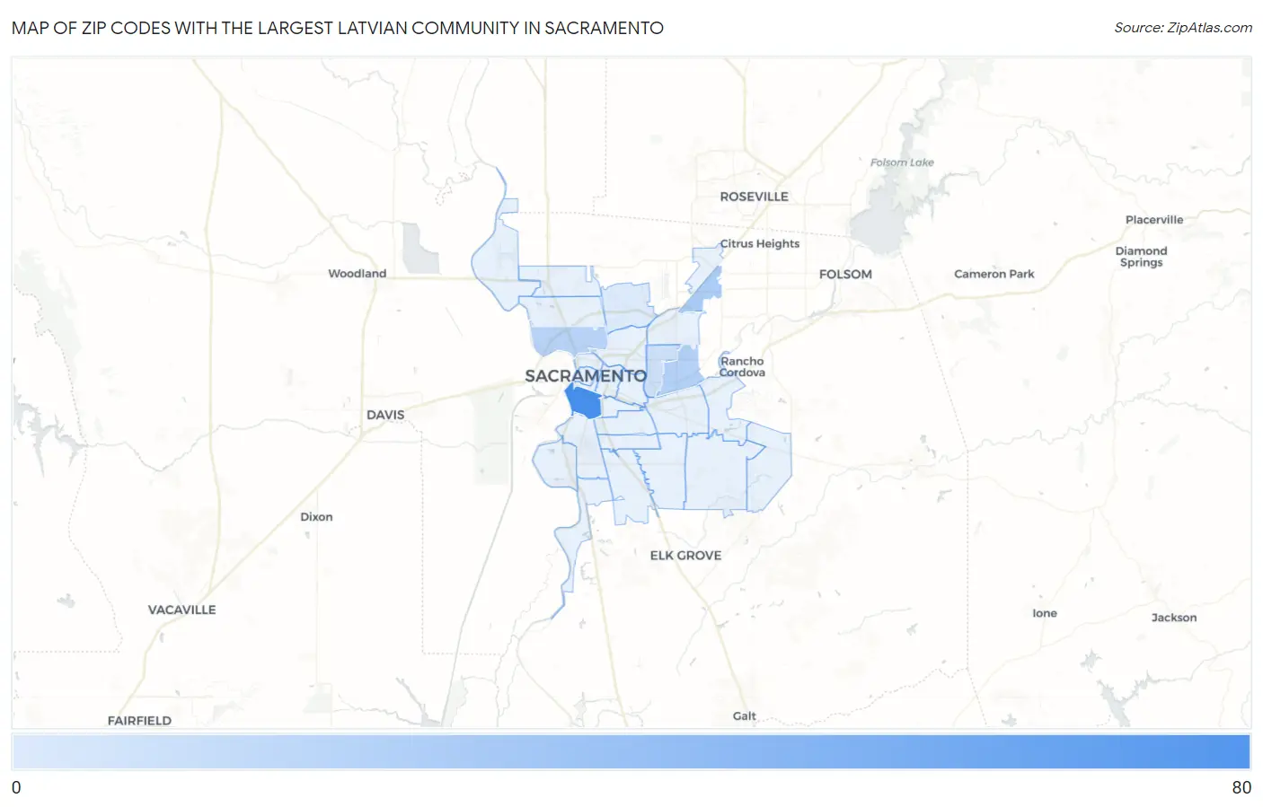 Zip Codes with the Largest Latvian Community in Sacramento Map