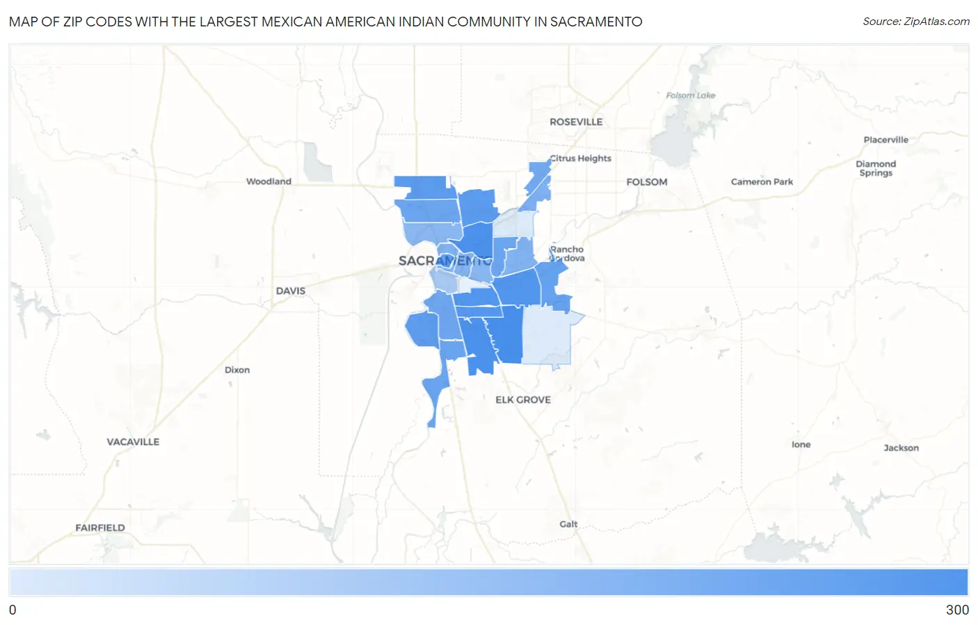 Zip Codes with the Largest Mexican American Indian Community in Sacramento Map