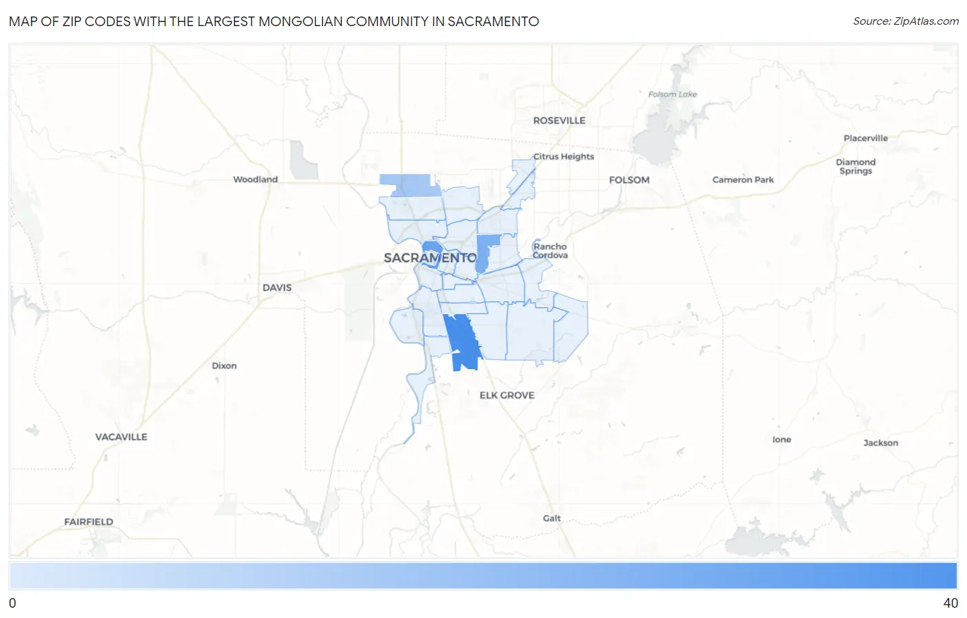 Zip Codes with the Largest Mongolian Community in Sacramento Map