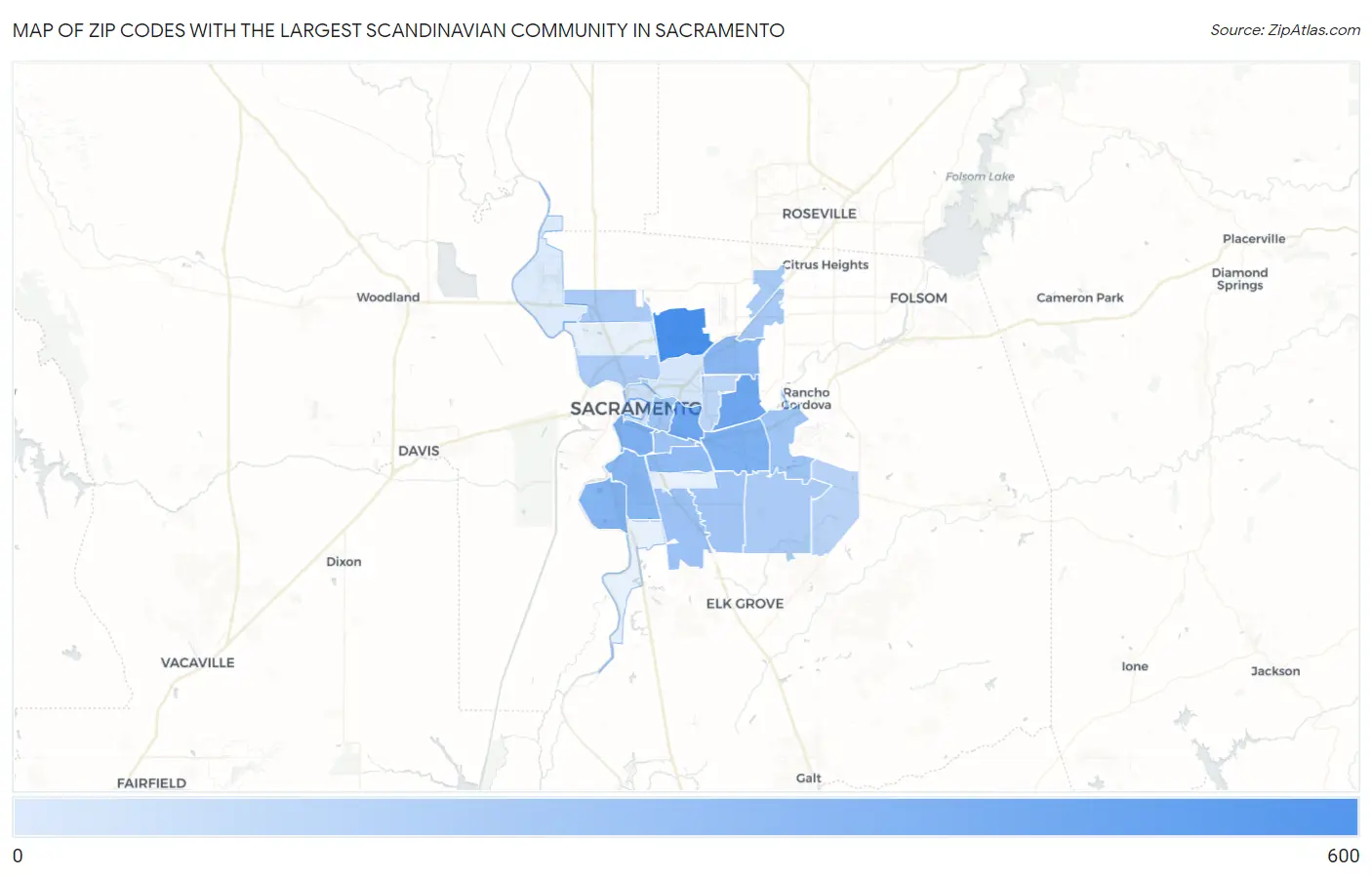 Zip Codes with the Largest Scandinavian Community in Sacramento Map
