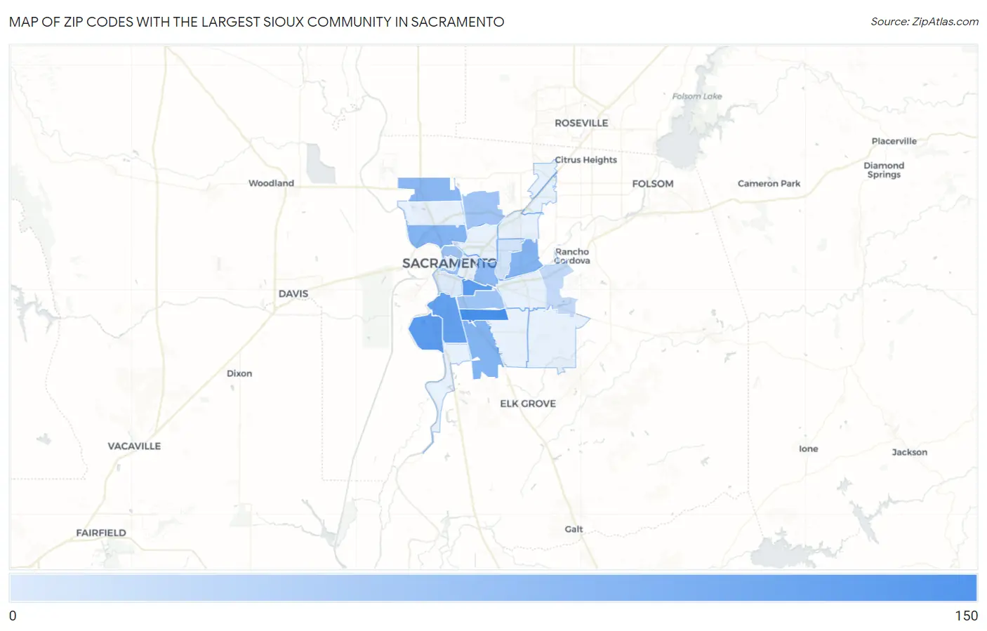 Zip Codes with the Largest Sioux Community in Sacramento Map