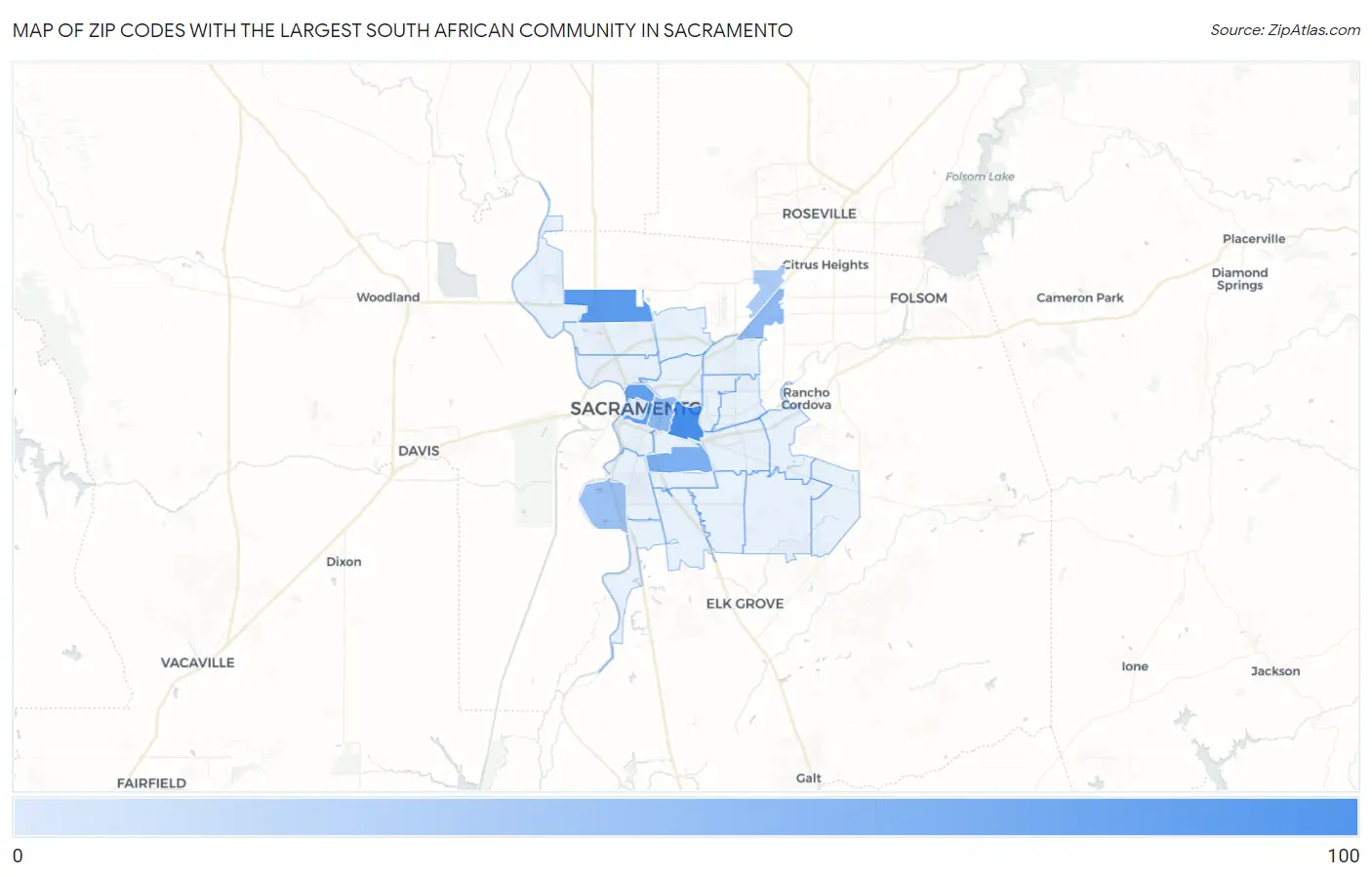 Zip Codes with the Largest South African Community in Sacramento Map