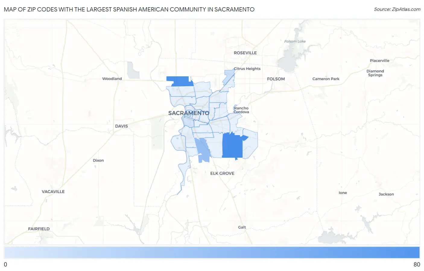 Zip Codes with the Largest Spanish American Community in Sacramento Map