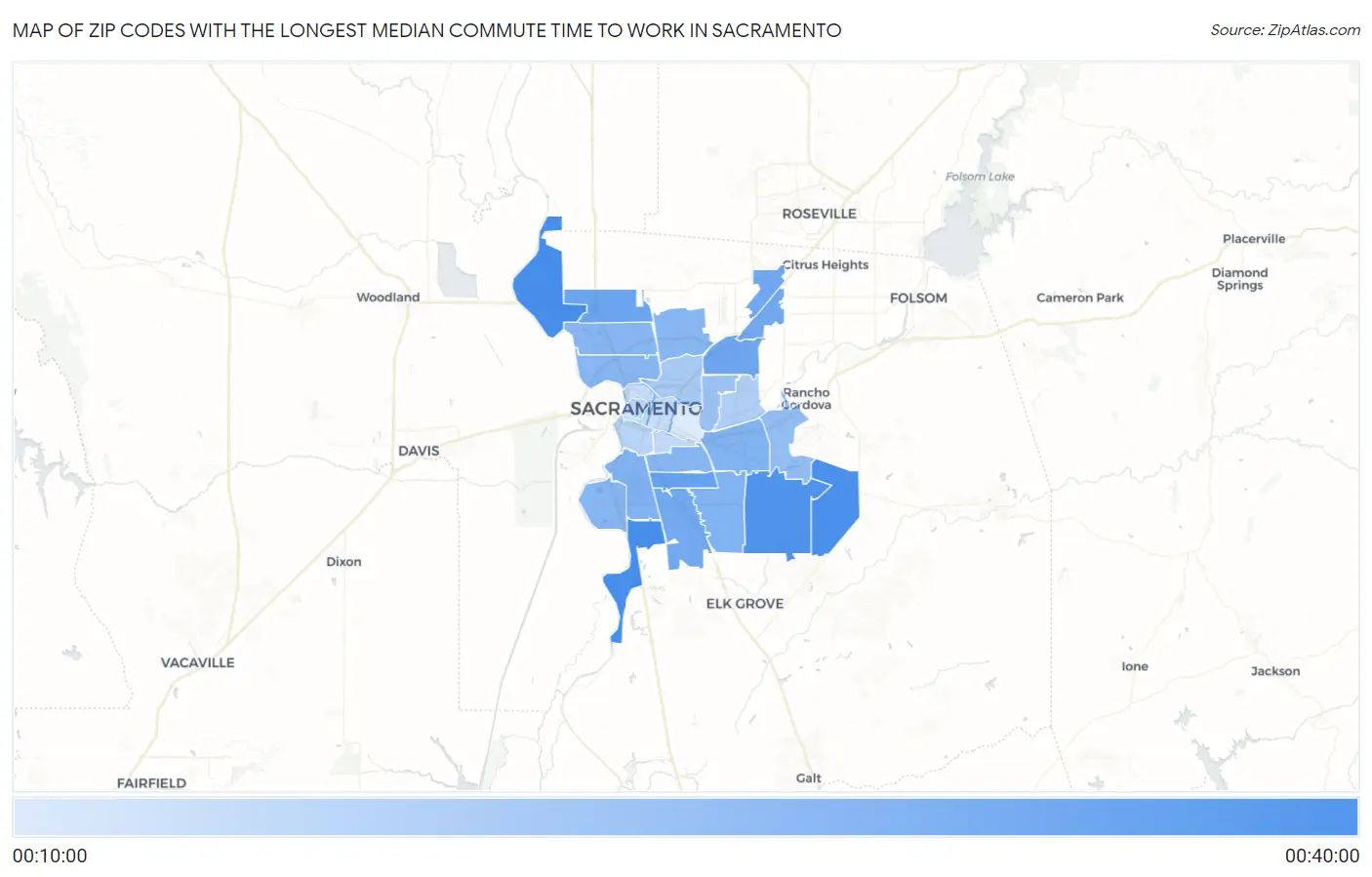 Zip Codes with the Longest Median Commute Time to Work in Sacramento Map