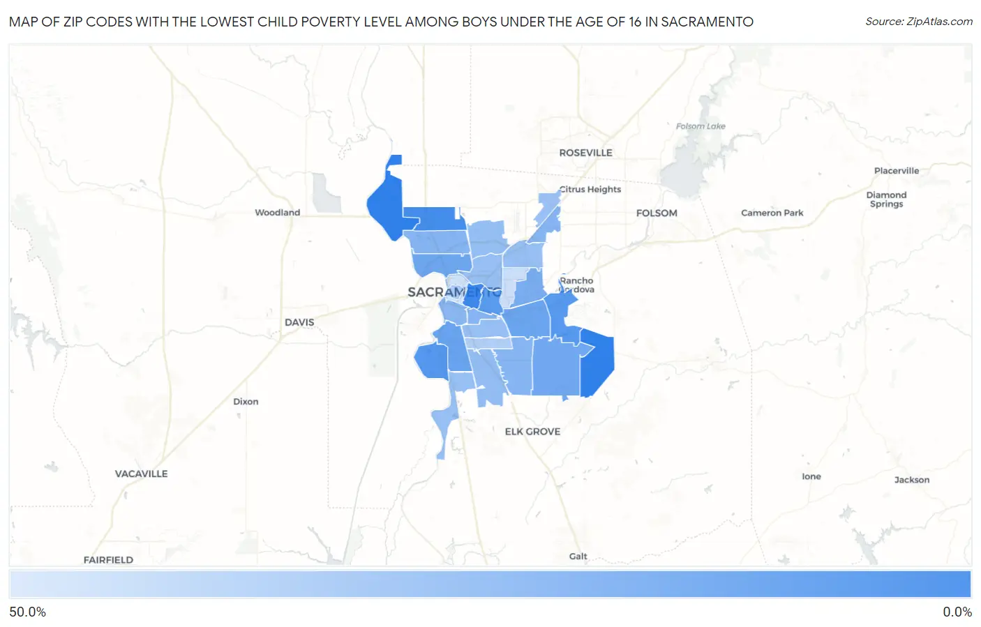 Zip Codes with the Lowest Child Poverty Level Among Boys Under the Age of 16 in Sacramento Map