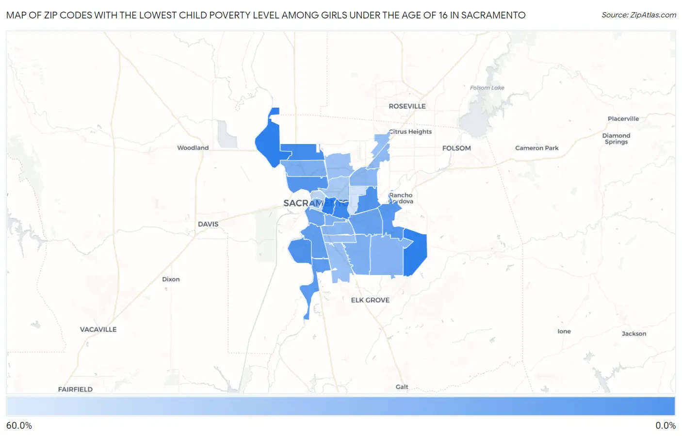 Zip Codes with the Lowest Child Poverty Level Among Girls Under the Age of 16 in Sacramento Map