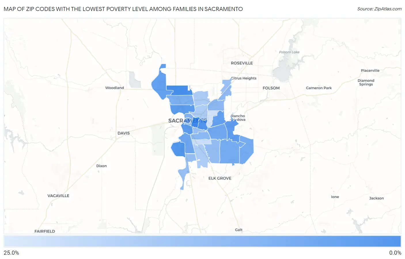 Zip Codes with the Lowest Poverty Level Among Families in Sacramento Map