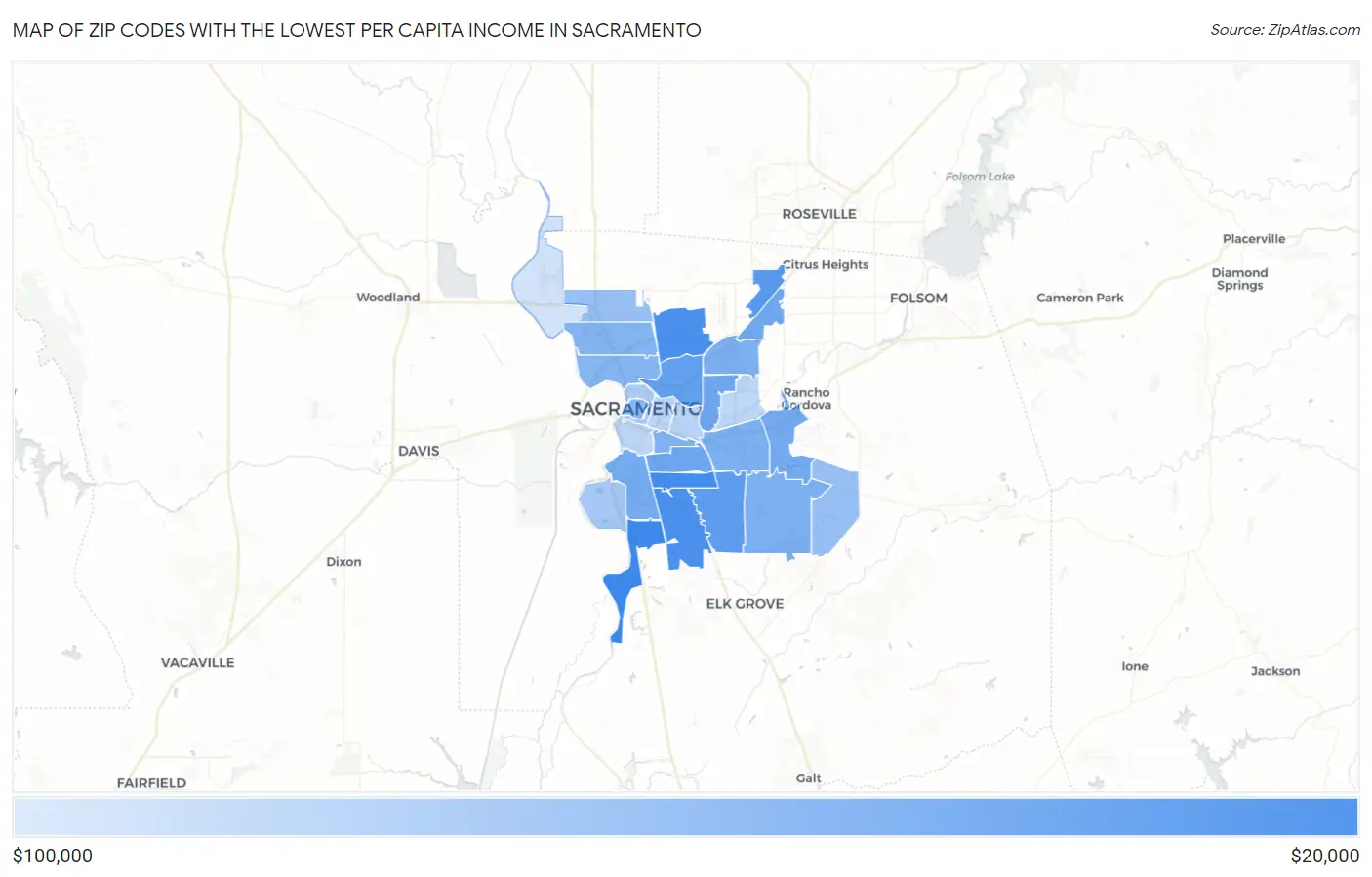 Zip Codes with the Lowest Per Capita Income in Sacramento Map