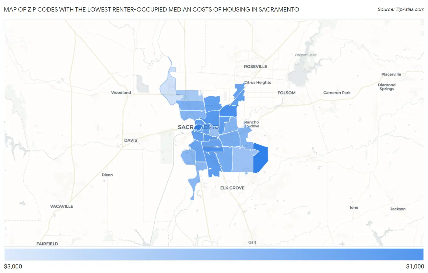 Zip Codes with the Lowest Renter-Occupied Median Costs of Housing in Sacramento Map