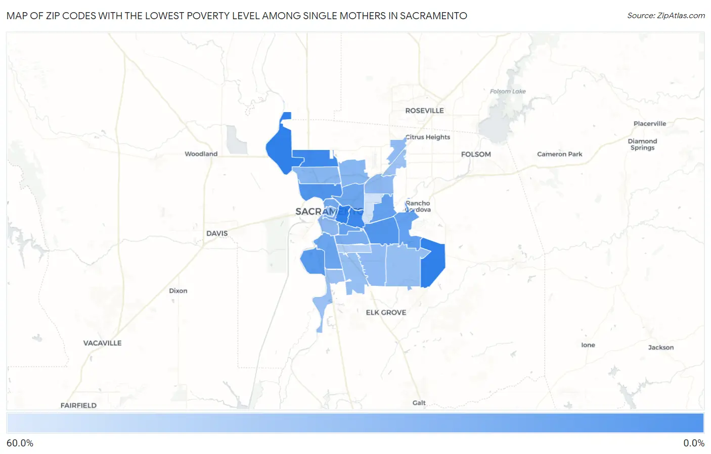Zip Codes with the Lowest Poverty Level Among Single Mothers in Sacramento Map