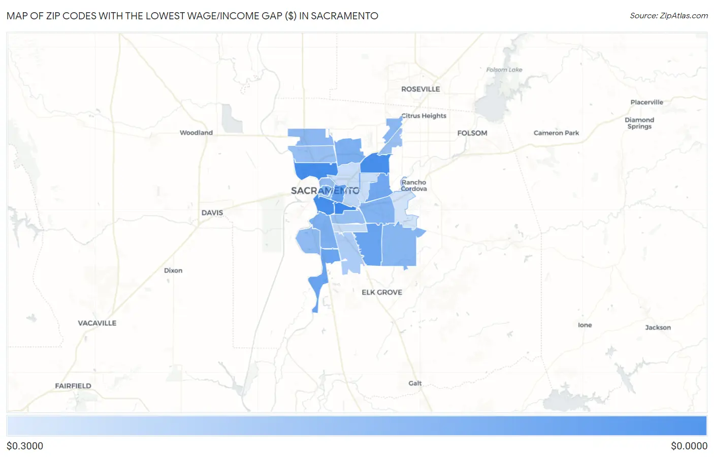 Zip Codes with the Lowest Wage/Income Gap ($) in Sacramento Map