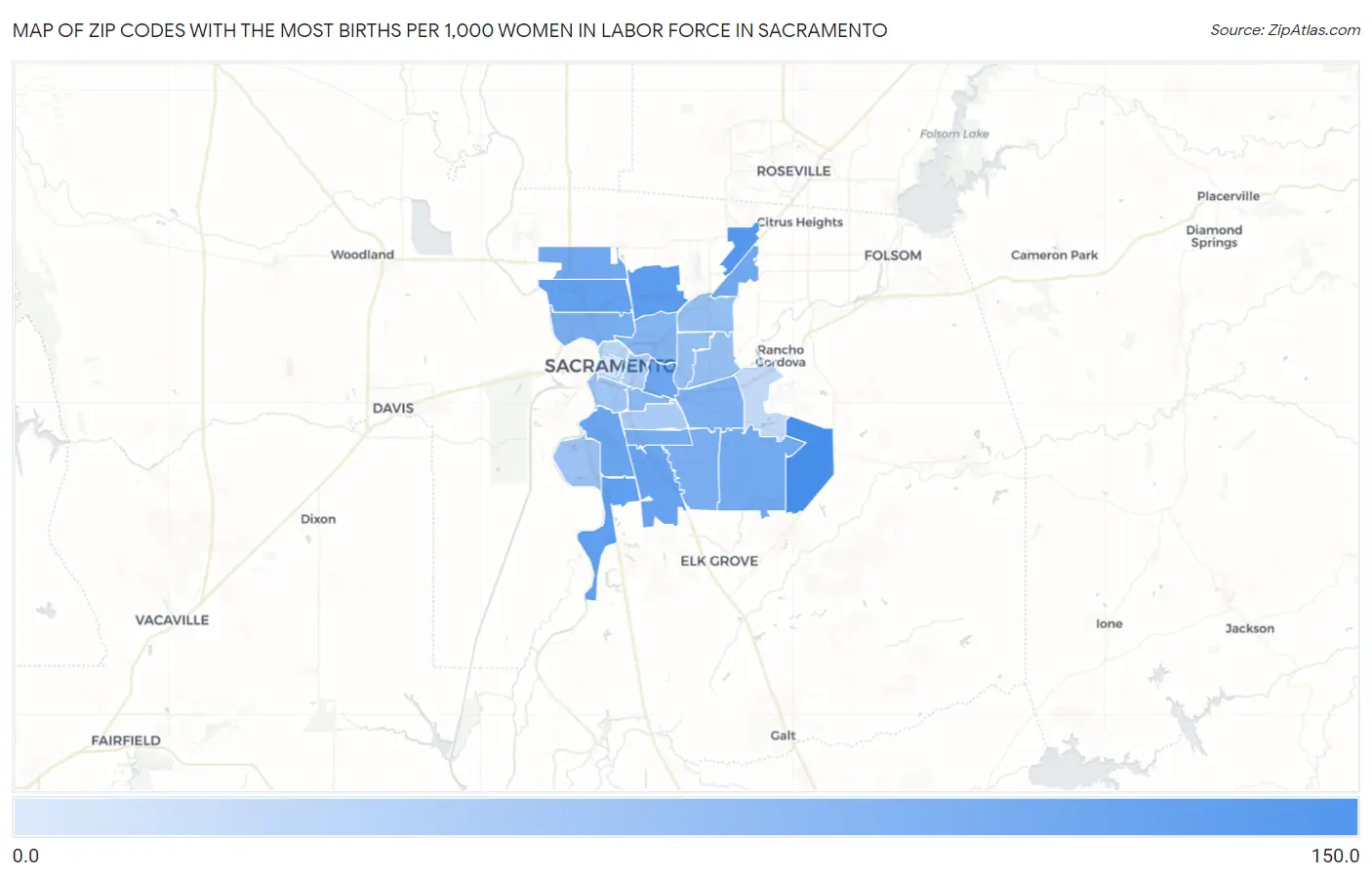 Zip Codes with the Most Births per 1,000 Women in Labor Force in Sacramento Map