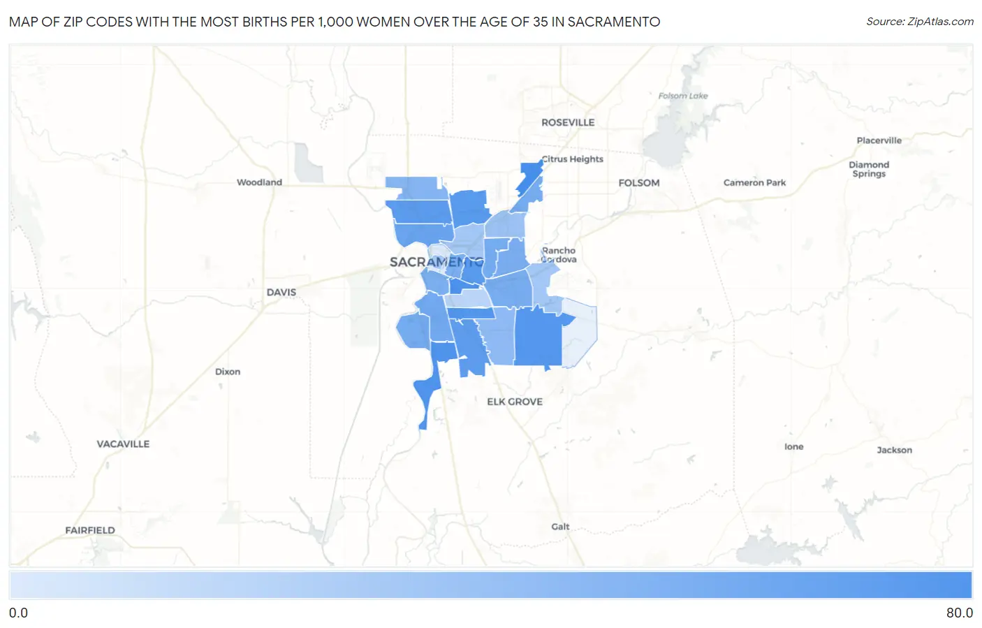 Zip Codes with the Most Births per 1,000 Women Over the Age of 35 in Sacramento Map