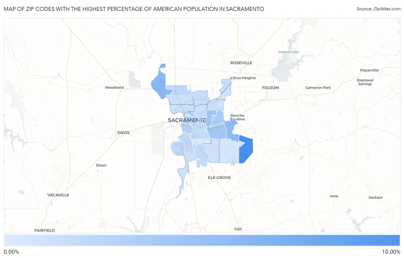 Zip Codes with the Highest Percentage of American Population in Sacramento Map