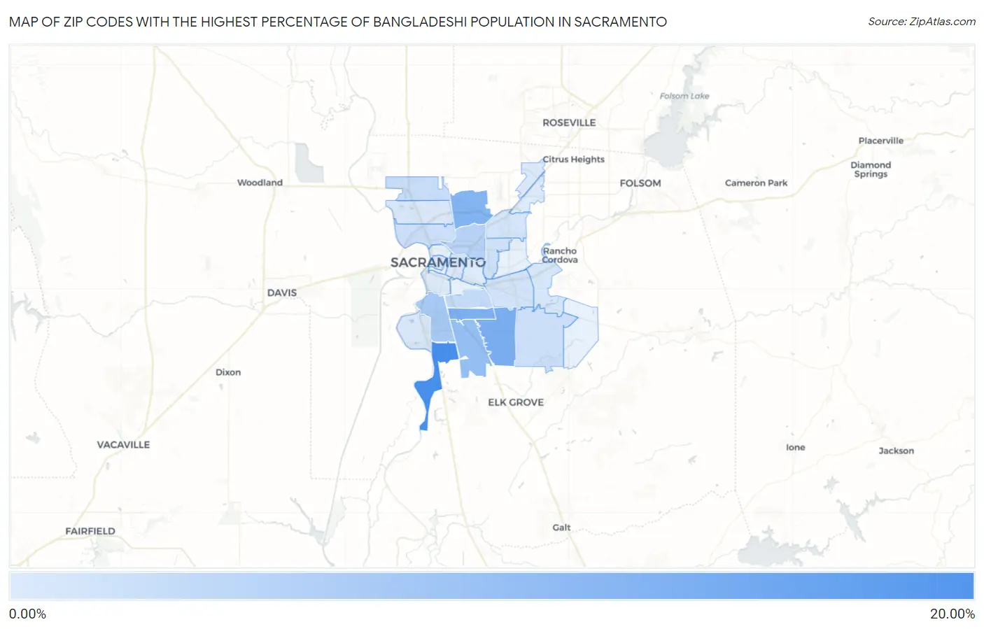 Zip Codes with the Highest Percentage of Bangladeshi Population in Sacramento Map