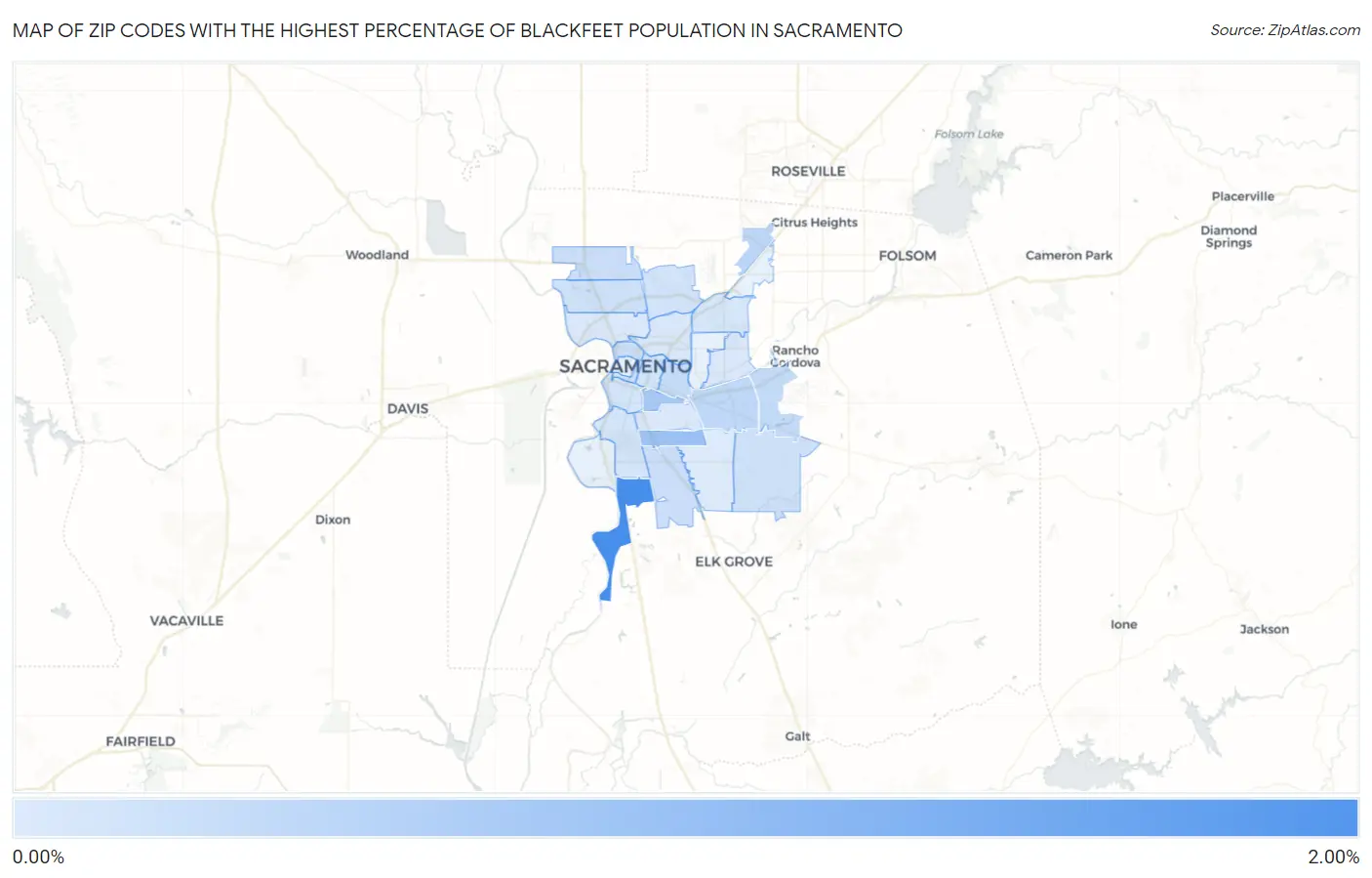 Zip Codes with the Highest Percentage of Blackfeet Population in Sacramento Map