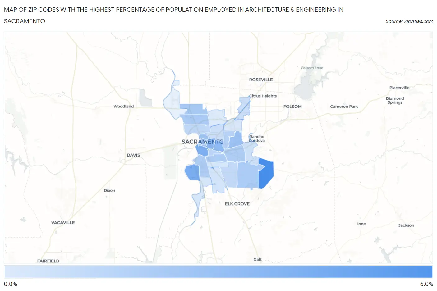 Zip Codes with the Highest Percentage of Population Employed in Architecture & Engineering in Sacramento Map