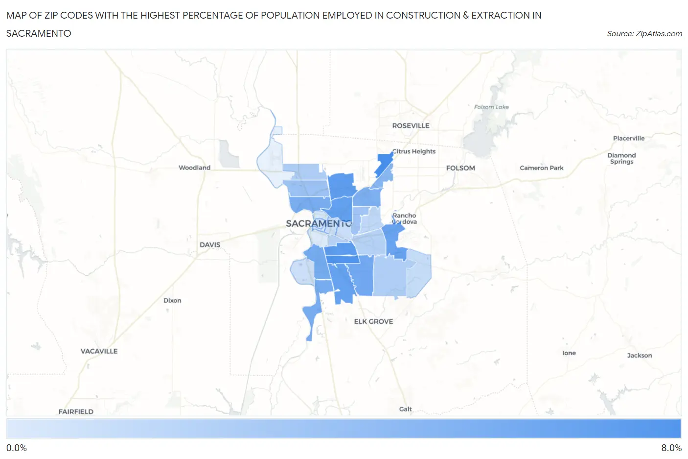 Zip Codes with the Highest Percentage of Population Employed in Construction & Extraction in Sacramento Map