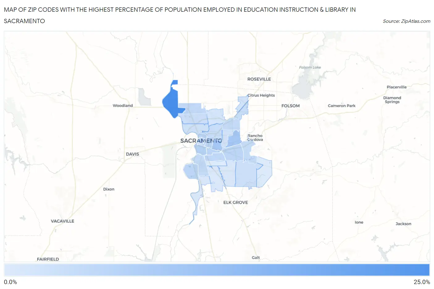Zip Codes with the Highest Percentage of Population Employed in Education Instruction & Library in Sacramento Map