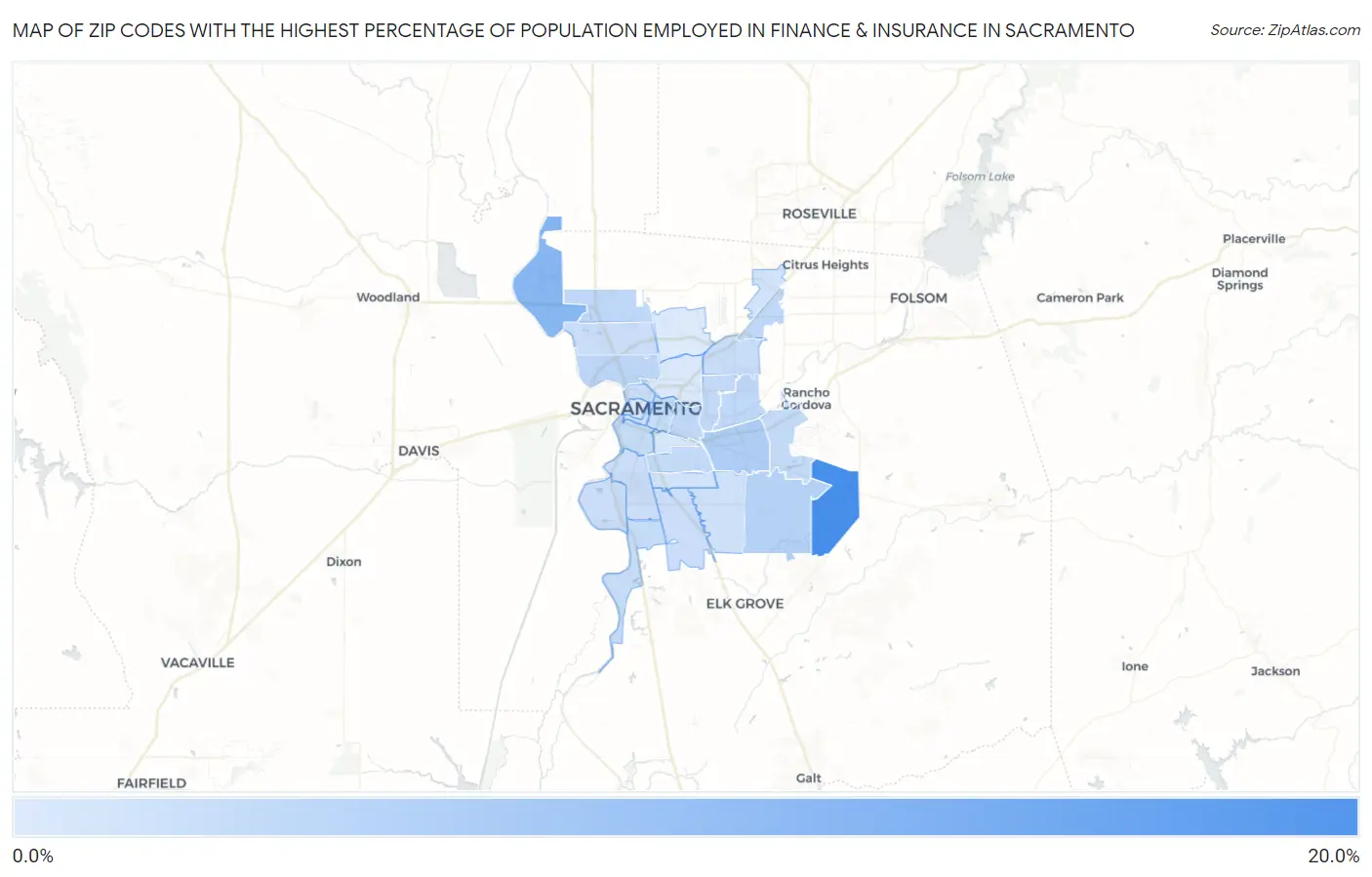 Zip Codes with the Highest Percentage of Population Employed in Finance & Insurance in Sacramento Map