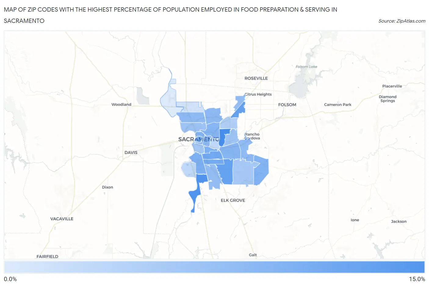 Zip Codes with the Highest Percentage of Population Employed in Food Preparation & Serving in Sacramento Map