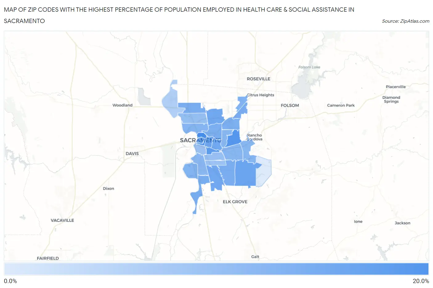 Zip Codes with the Highest Percentage of Population Employed in Health Care & Social Assistance in Sacramento Map