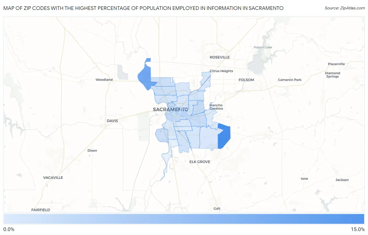 Zip Codes with the Highest Percentage of Population Employed in Information in Sacramento Map