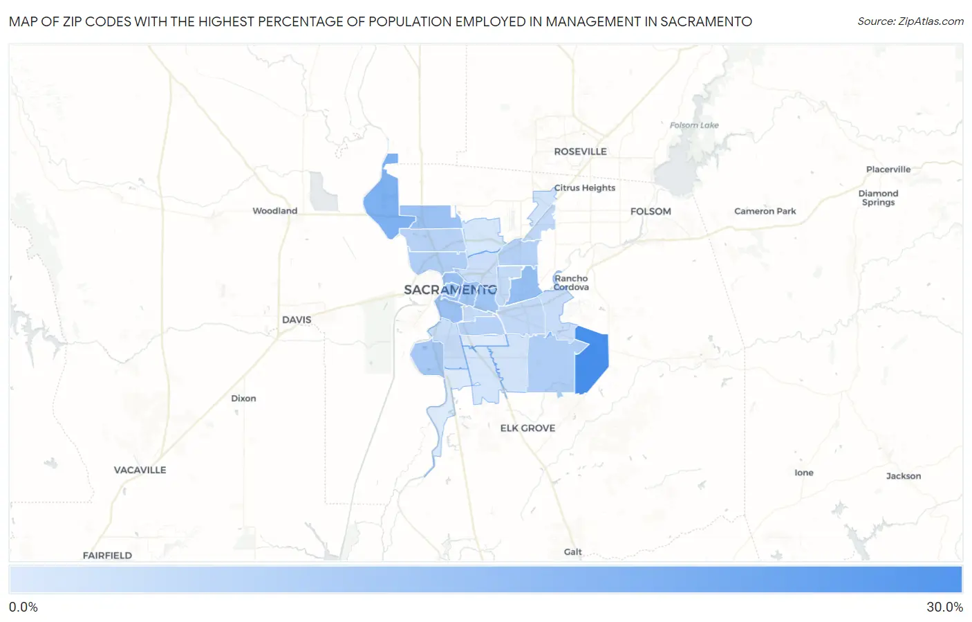 Zip Codes with the Highest Percentage of Population Employed in Management in Sacramento Map