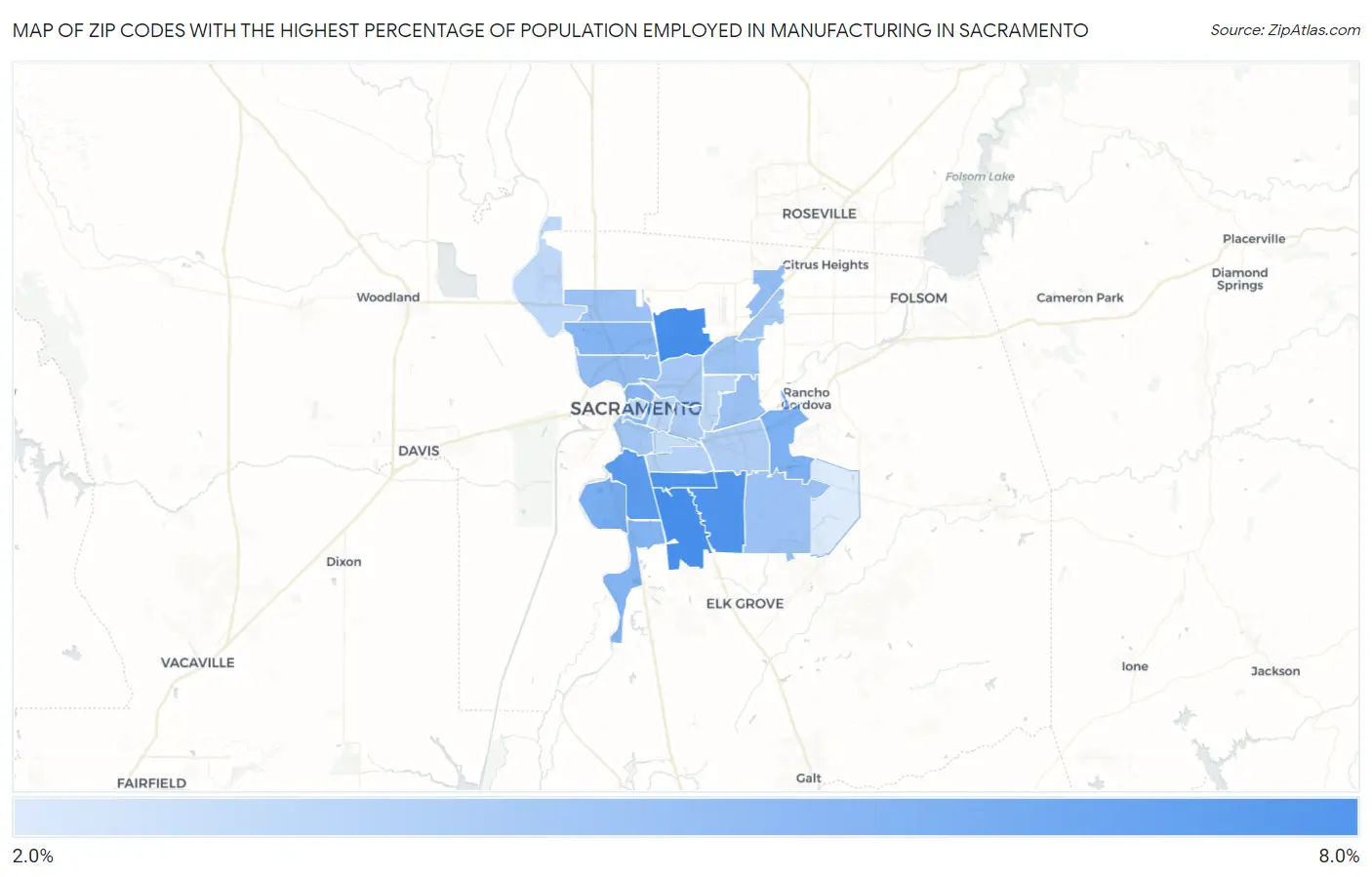 Zip Codes with the Highest Percentage of Population Employed in Manufacturing in Sacramento Map