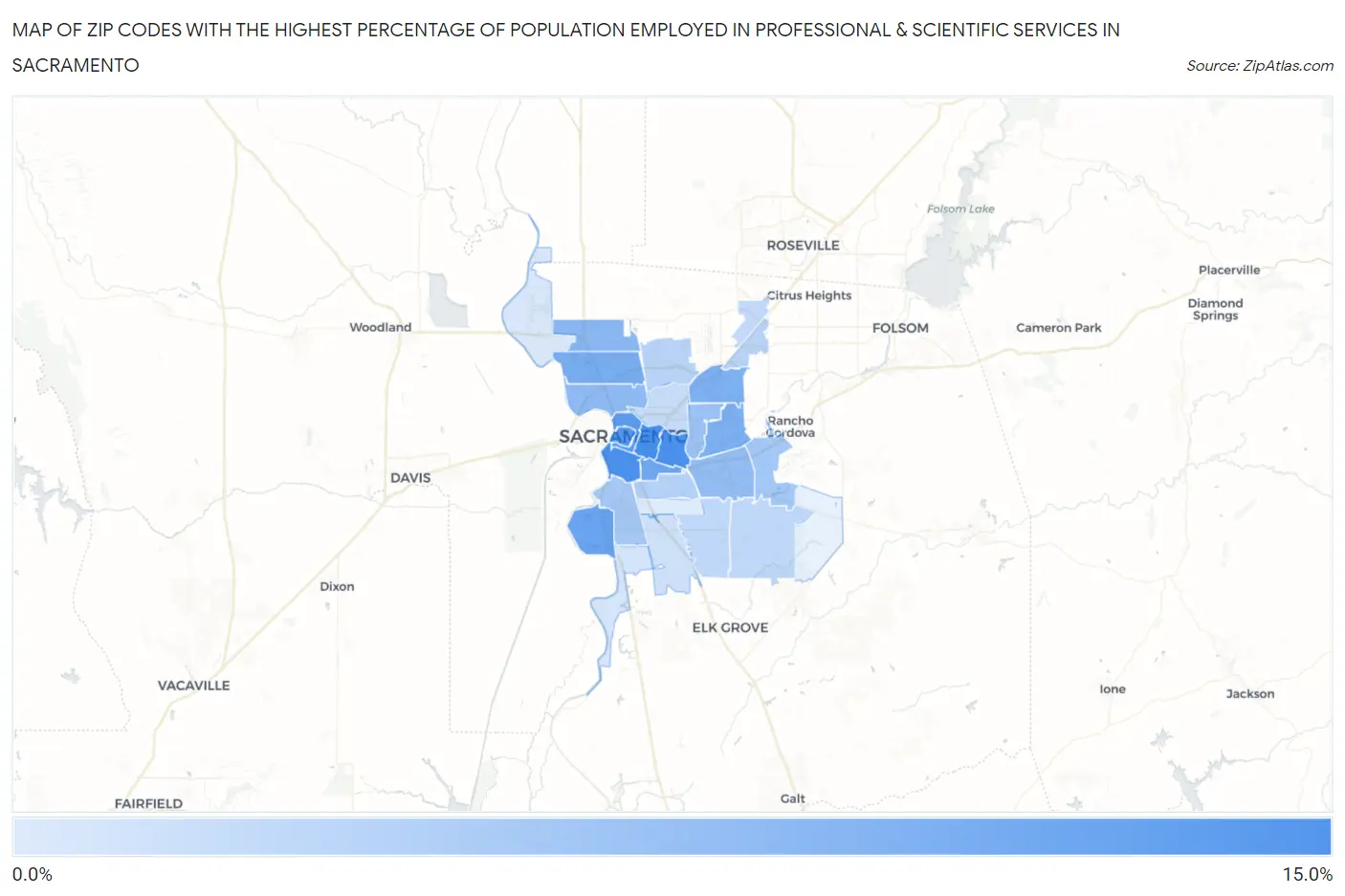 Zip Codes with the Highest Percentage of Population Employed in Professional & Scientific Services in Sacramento Map