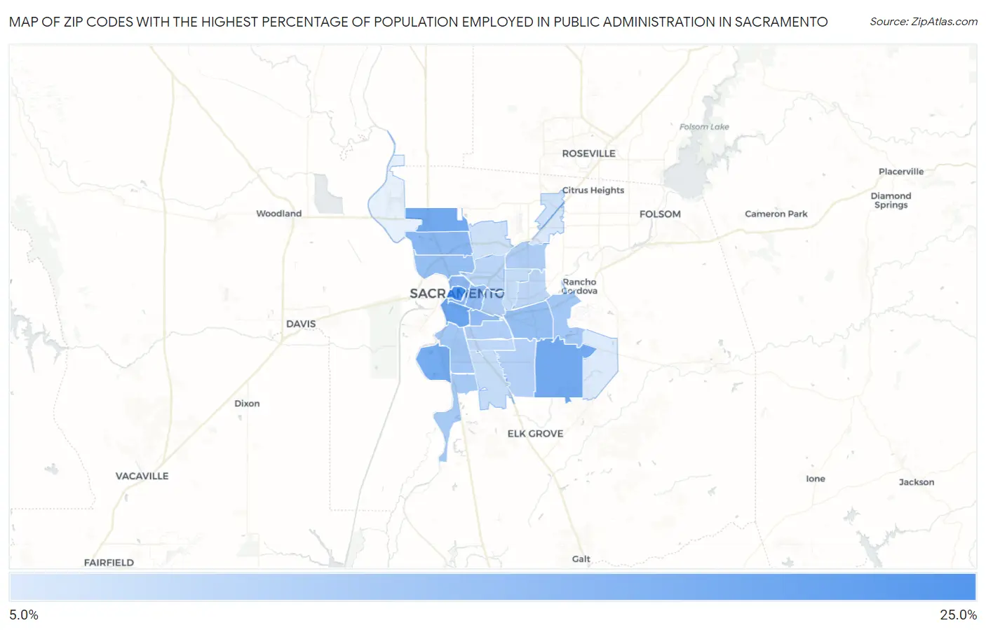 Zip Codes with the Highest Percentage of Population Employed in Public Administration in Sacramento Map