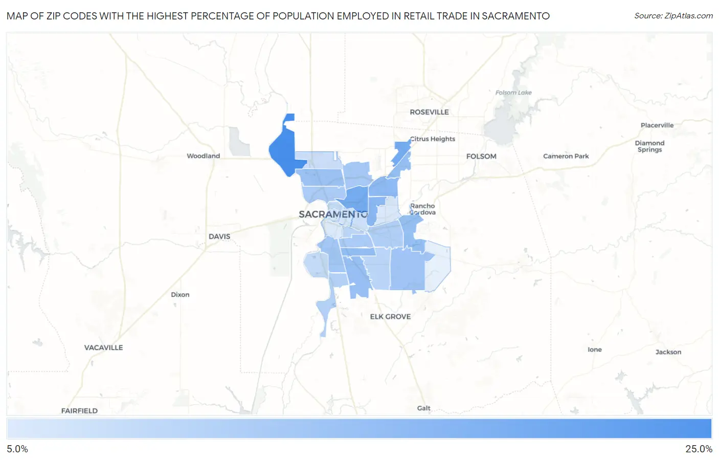 Zip Codes with the Highest Percentage of Population Employed in Retail Trade in Sacramento Map