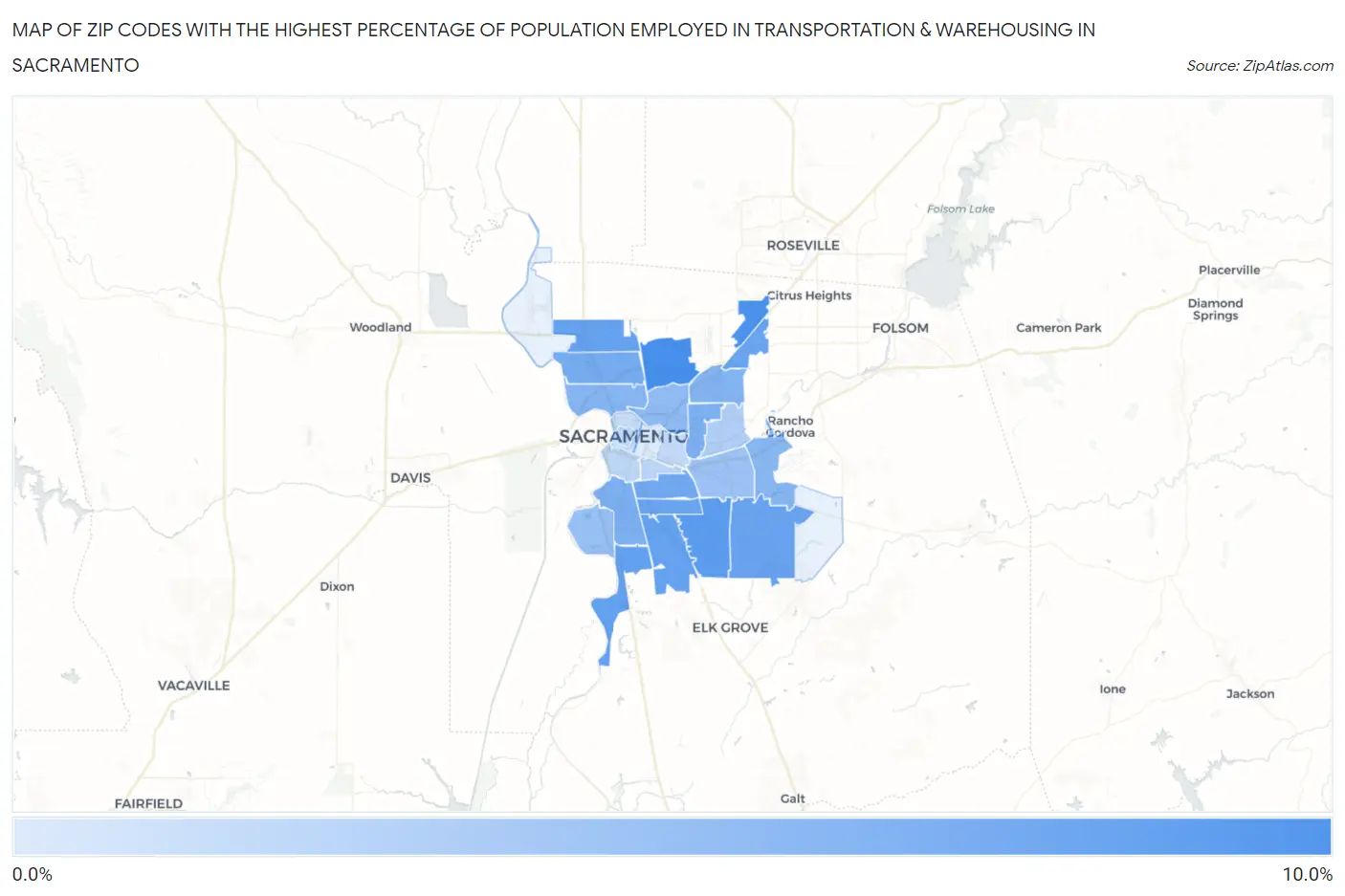 Zip Codes with the Highest Percentage of Population Employed in Transportation & Warehousing in Sacramento Map