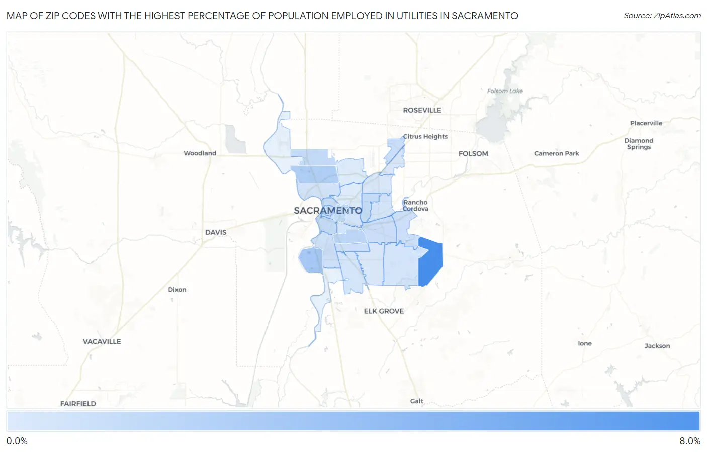 Zip Codes with the Highest Percentage of Population Employed in Utilities in Sacramento Map