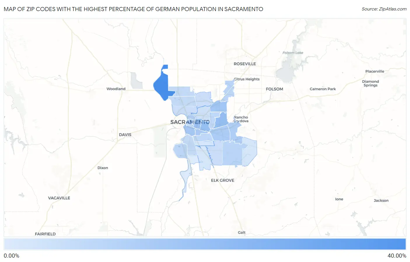 Zip Codes with the Highest Percentage of German Population in Sacramento Map