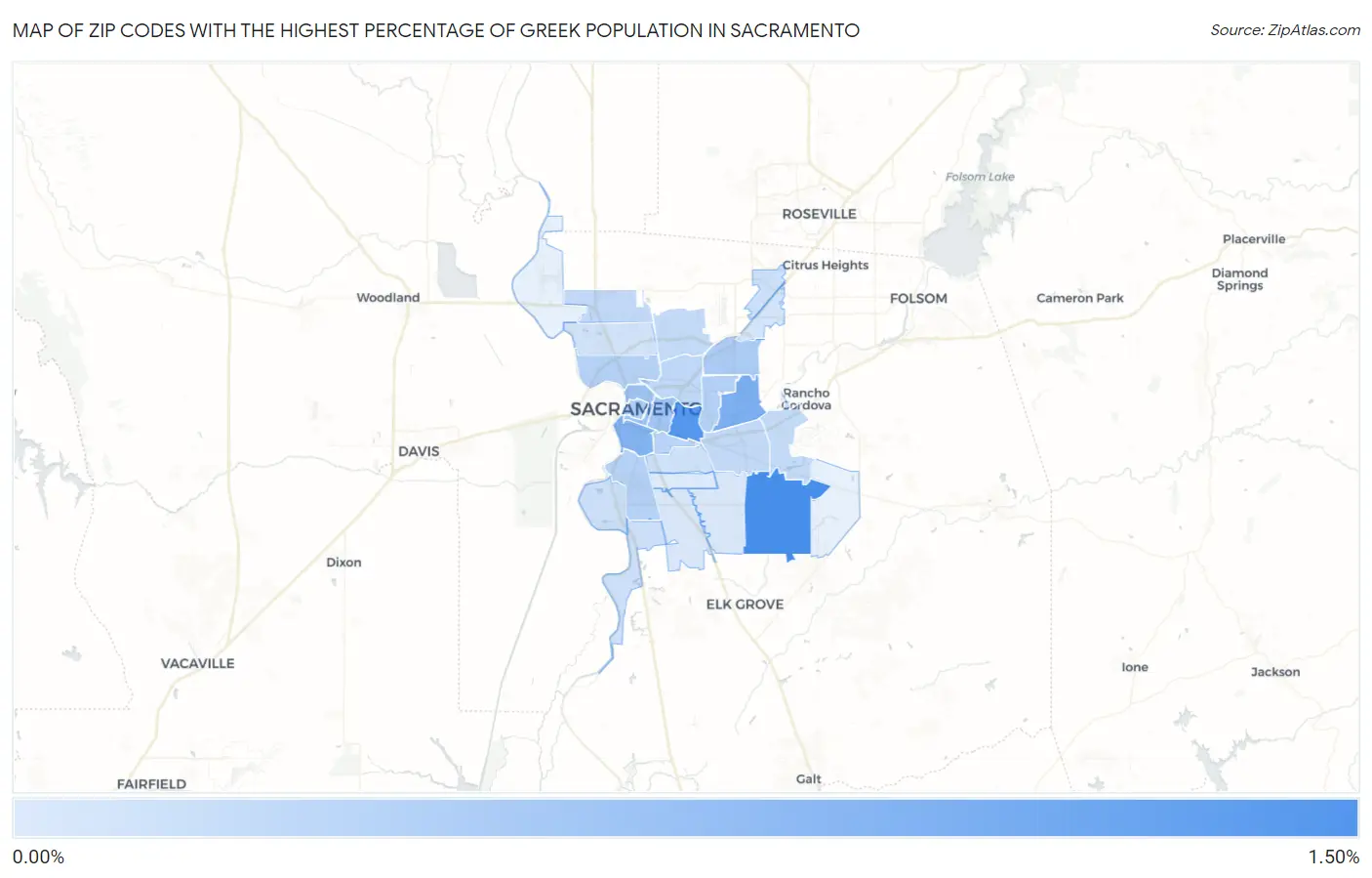 Zip Codes with the Highest Percentage of Greek Population in Sacramento Map