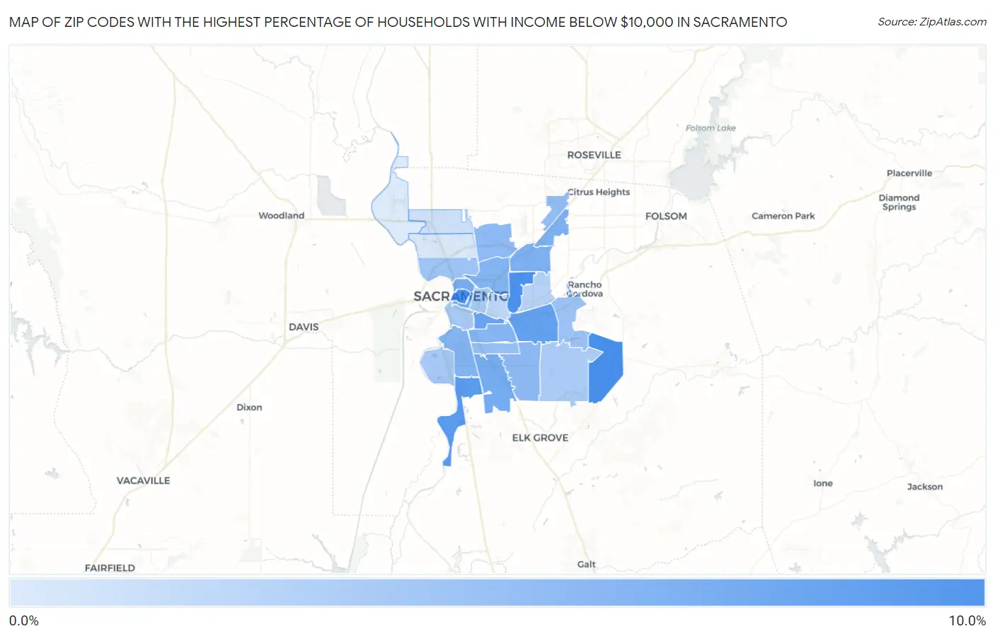 Zip Codes with the Highest Percentage of Households with Income Below $10,000 in Sacramento Map