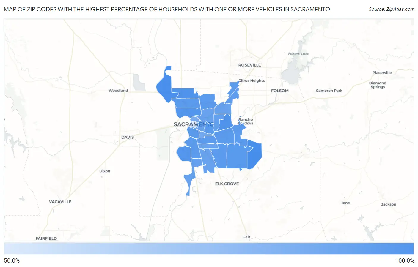 Zip Codes with the Highest Percentage of Households With One or more Vehicles in Sacramento Map