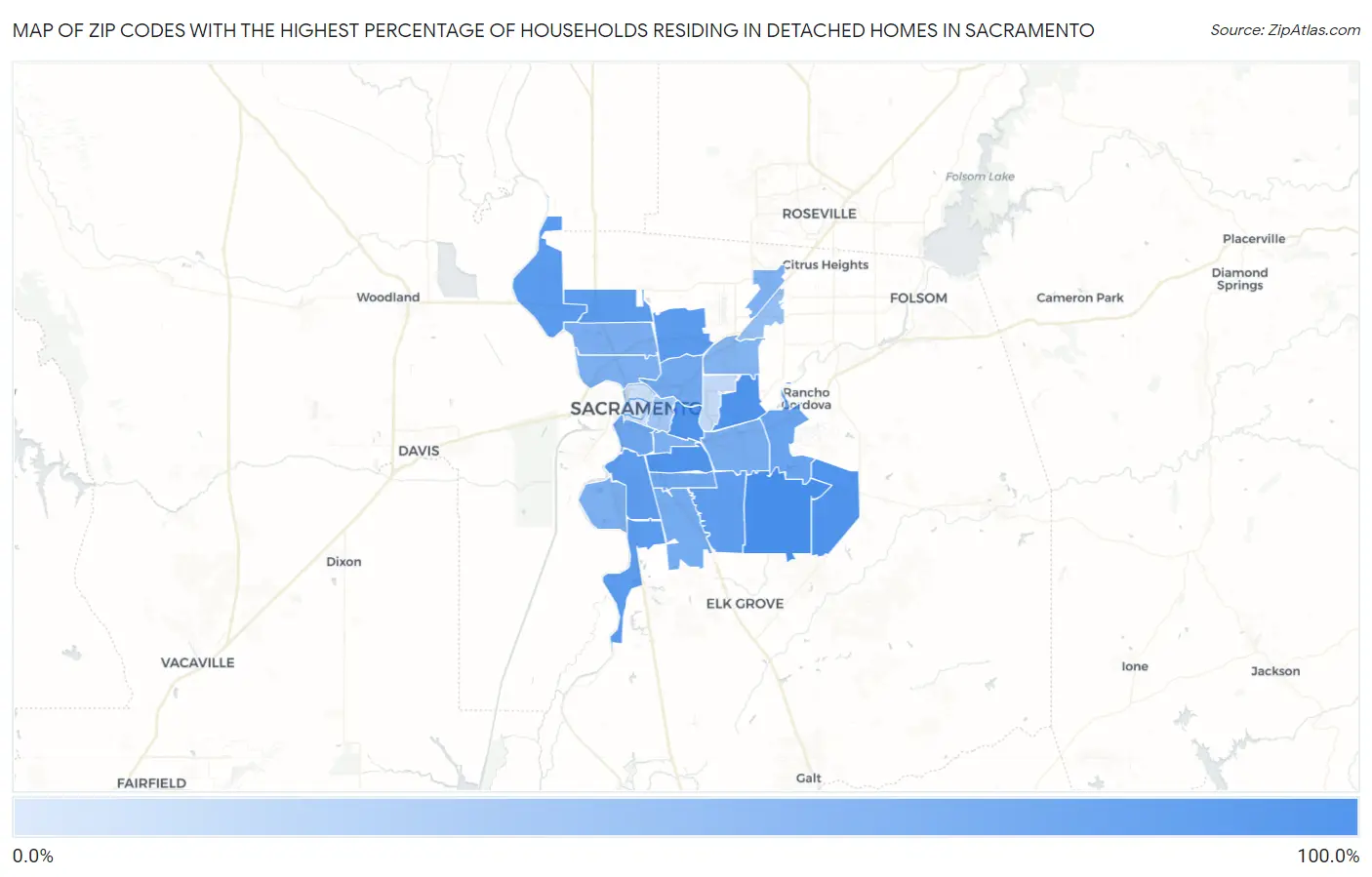 Zip Codes with the Highest Percentage of Households Residing in Detached Homes in Sacramento Map
