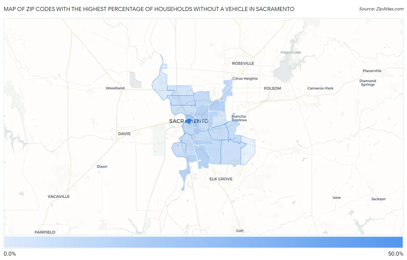 Zip Codes with the Highest Percentage of Households Without a Vehicle in Sacramento Map
