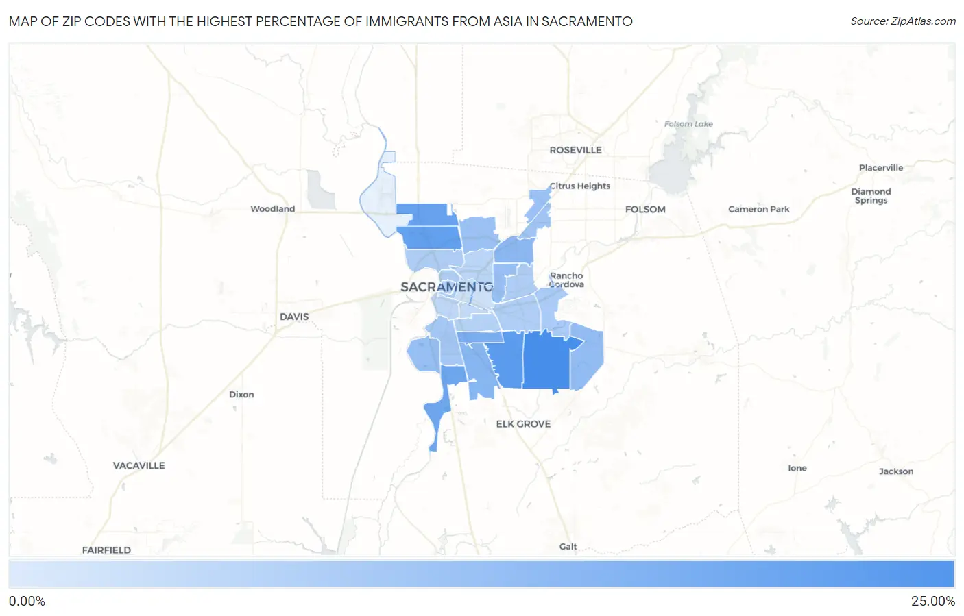 Zip Codes with the Highest Percentage of Immigrants from Asia in Sacramento Map