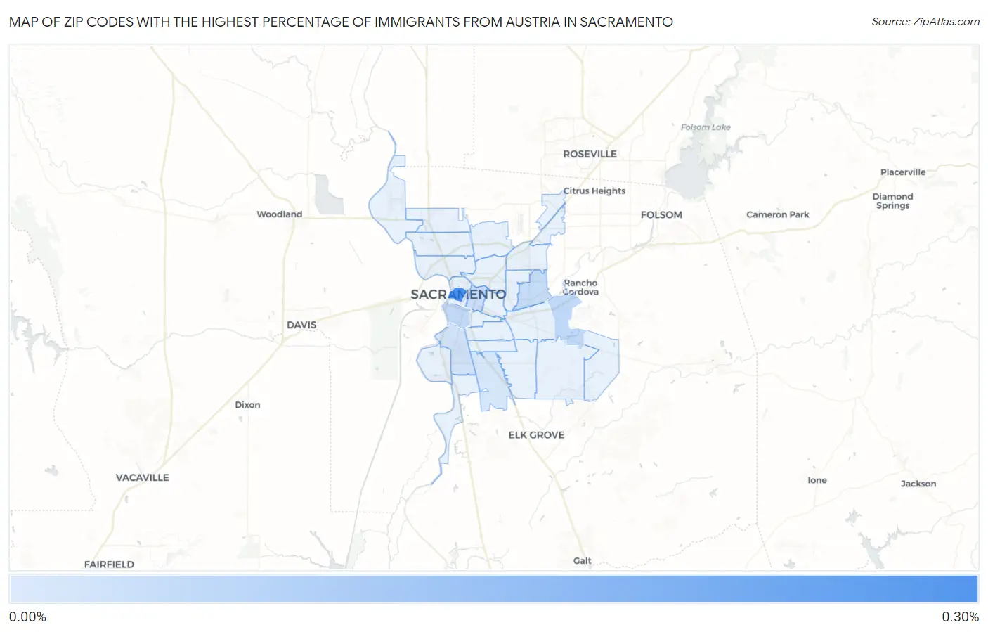 Zip Codes with the Highest Percentage of Immigrants from Austria in Sacramento Map