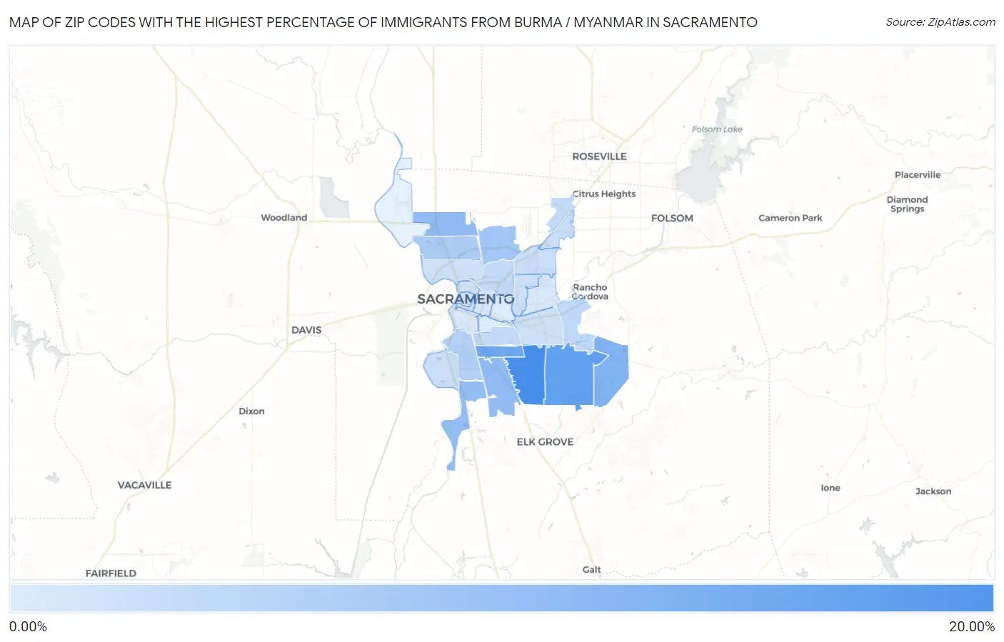 Zip Codes with the Highest Percentage of Immigrants from Burma / Myanmar in Sacramento Map