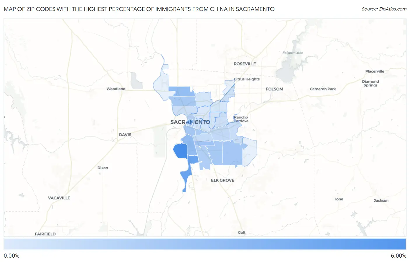 Zip Codes with the Highest Percentage of Immigrants from China in Sacramento Map