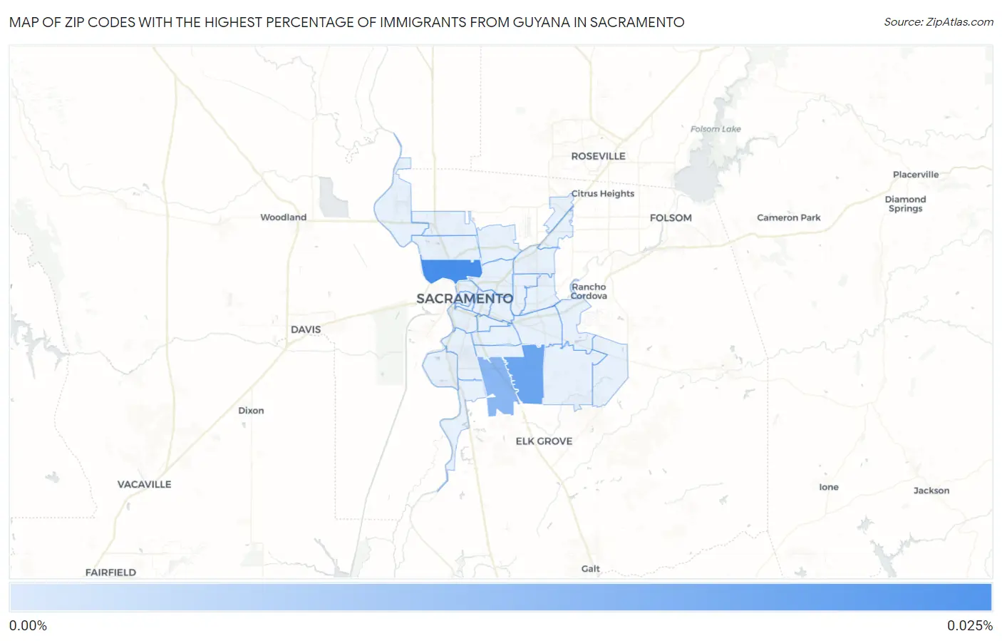 Zip Codes with the Highest Percentage of Immigrants from Guyana in Sacramento Map