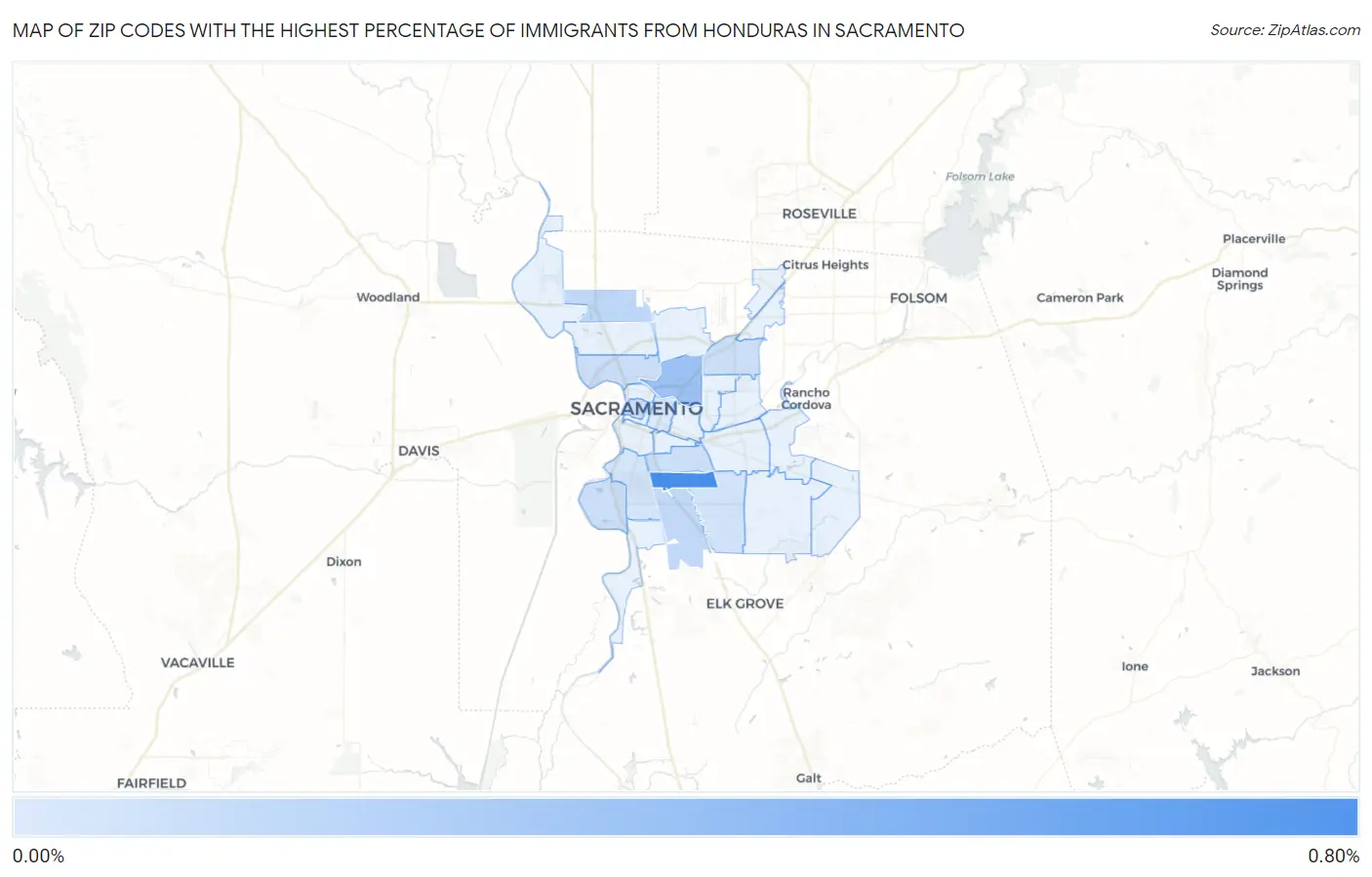 Zip Codes with the Highest Percentage of Immigrants from Honduras in Sacramento Map